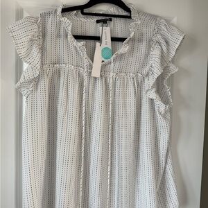 Papermoon White Blouse with Blue Dot Stripe and Ruffles